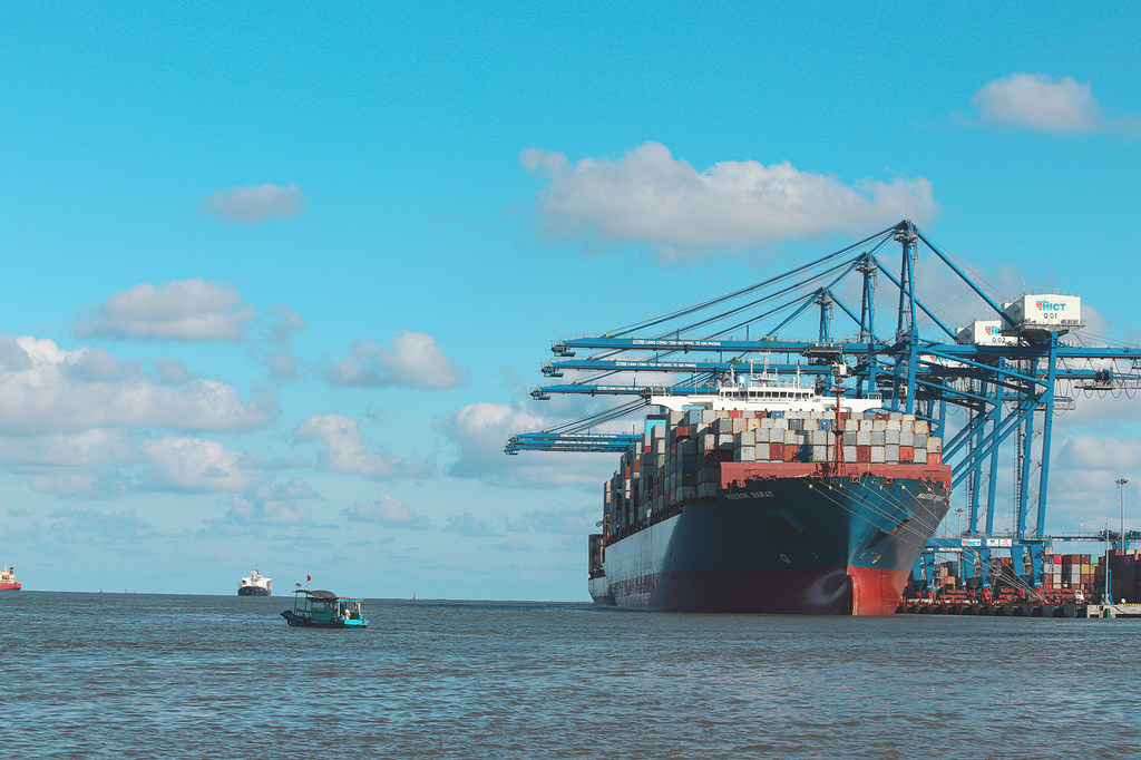 A container ship docks in Vietnam.
